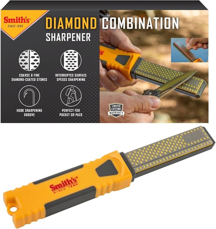 Smith's DCS4 4” Diamond Combination Sharpener - Double Sided Stone - Outdoor Field Knife Sharpener - Fish Hook &
