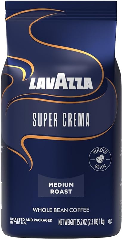 Lavazza Super Crema Whole Bean Coffee, Medium Espresso Roast, Arabica and Robusta Blend, 2.2 lb Bag, Package May Vary