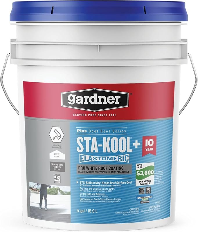 Gardner Sta-kool Elastomeric Roof Coating, White, RV Roof Coating 5 Gallon — wet dry roof patch for roof leak tape