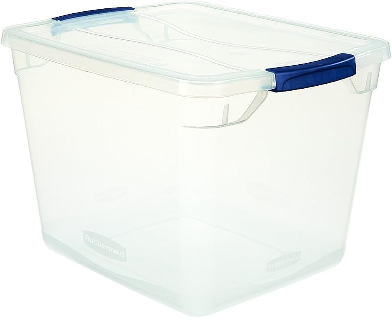 Rubbermaid Clever Store Latching Storage Tote Container, Clear, 30-Qt (FG3Q2500CLMCB) — latching tote for clear