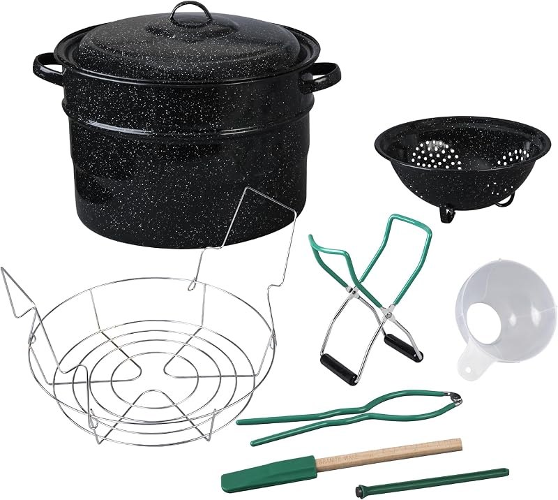 Granite Ware 9 Piece Enamelware Water bath Canning Pot with Canning kit, Colander and Rack. Canning Supplies Starter
