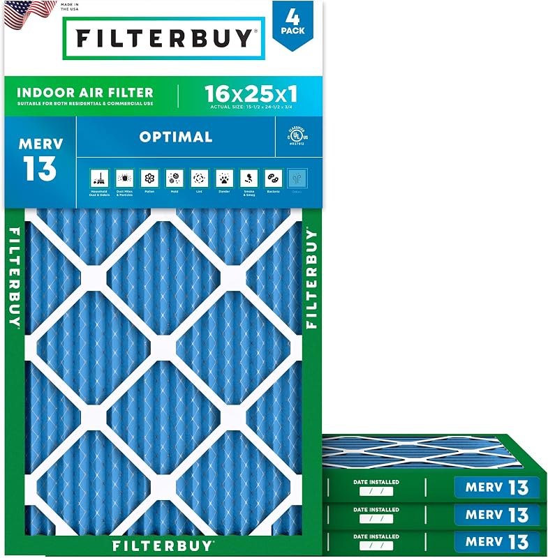 Filterbuy 16x25x1 Air Filter MERV 13 Smoke & Allergy Defense (4-Pack) — merv 13 filter 16x25x1 heavy duty for merv 13