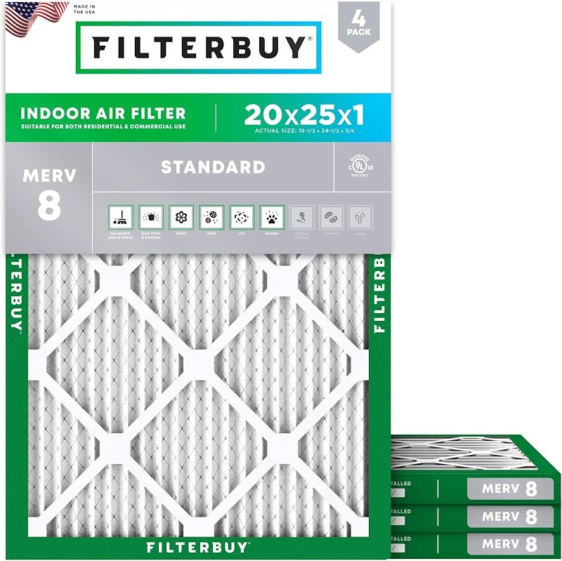 Filterbuy 20x25x1 Air Filter MERV 8 Dust & Allergy Defense (4-Pack) — furnace filter 20x25x1 for merv 13 filter