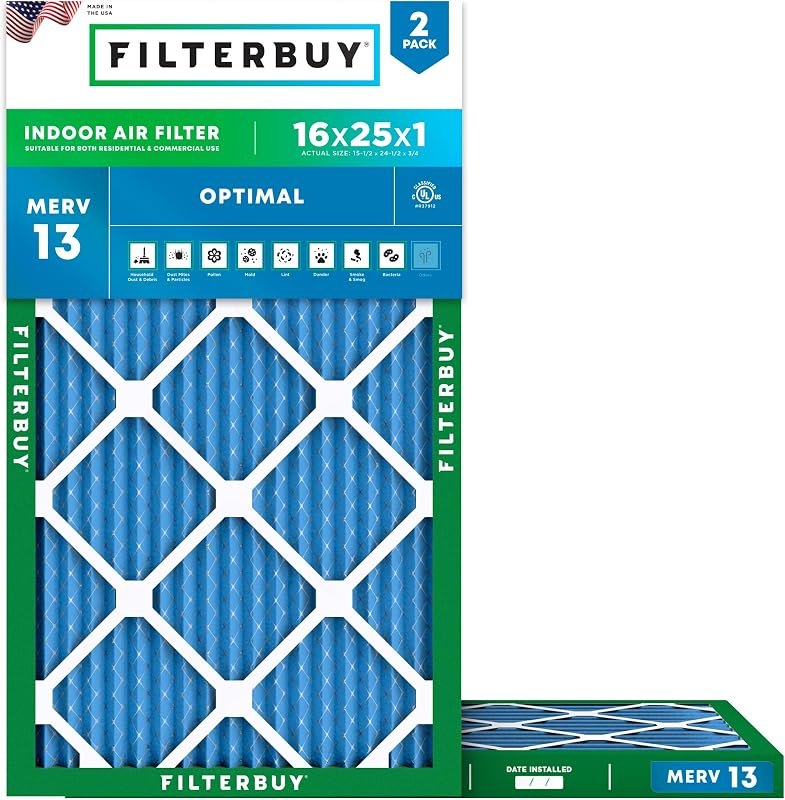 Filterbuy 16x25x1 Air Filter MERV 13 Smoke & Allergy Defense (2-Pack) — merv 13 filter 16x25x1 no leak for merv 13