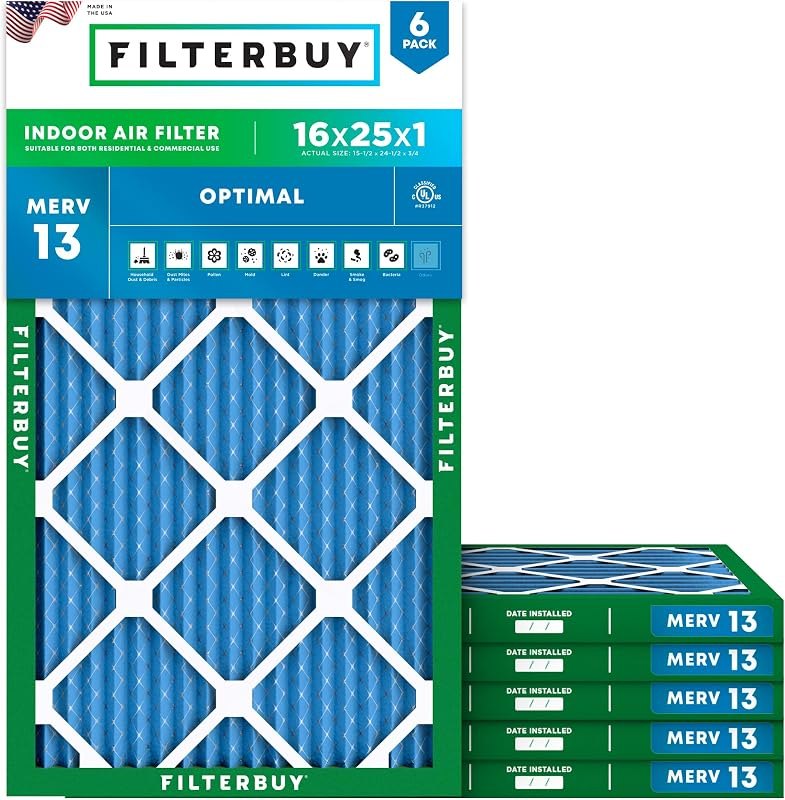 Filterbuy 16x25x1 Air Filter MERV 13 Smoke & Allergy Defense (6-Pack) — merv 13 filter 16x25x1 amazon for merv 13