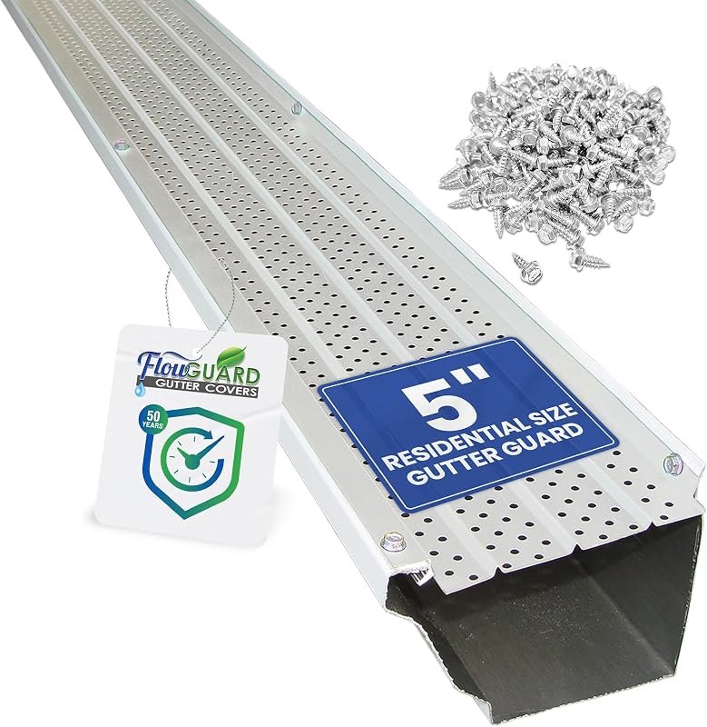 FlowGuard Gutter Guard, USA Made Professional DIY 5 Inch 50-Year Gutter Cover Leaf Protection System - White -