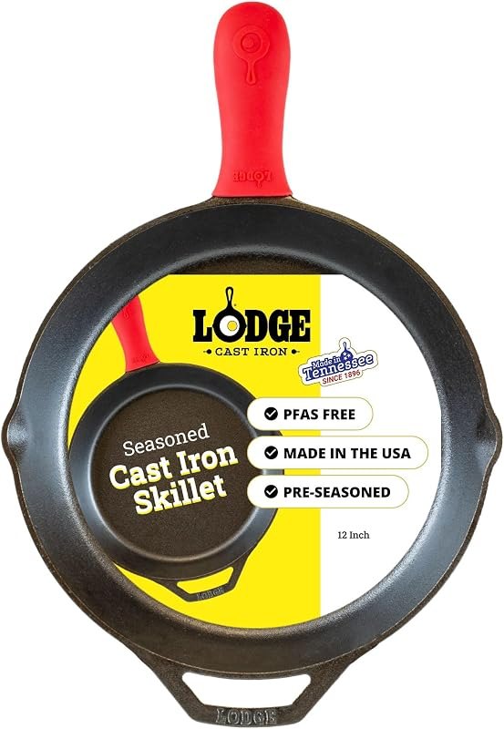 Pre-Seasoned Cast Iron Skillet with Silicone Handle Holder, 12 Inches — Lodge 12 for best cast iron skillet