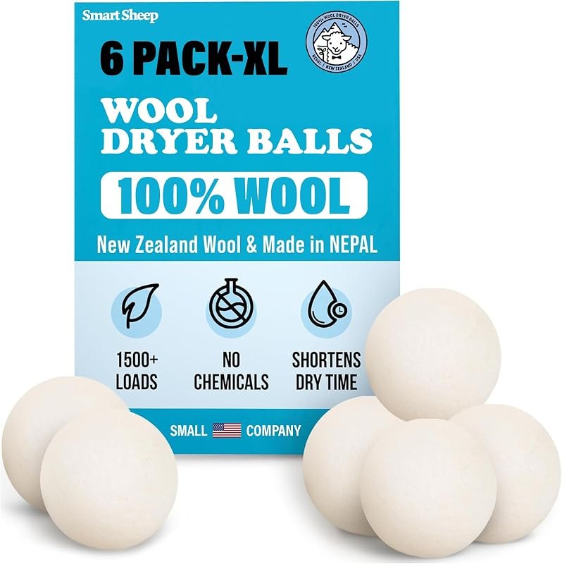 Wool Dryer Balls - Smart Sheep 6-Pack - XL Premium Natural Fabric Softener Award-Winning - Wool Balls Replaces Dryer