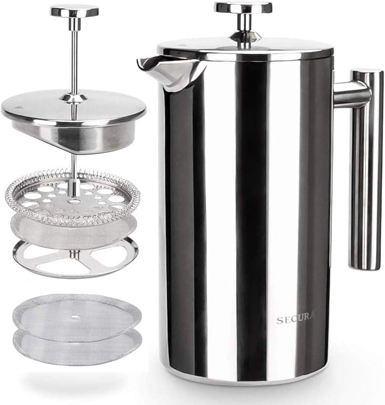 Secura French Press Coffee Maker, 304 Grade Stainless Steel Insulated Coffee Press with 2 Extra Screens, 34oz (1