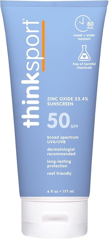 Thinksport Mineral Sunscreen SPF 50+ Zinc Oxide, Water Resistant, 6 Fl Oz — zinc oxide sunscreen for mineral sunscreen