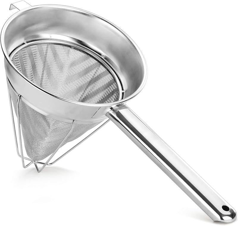 New Star Foodservice Reinforced Bouillon Strainer, 8-Inch, Fine Mesh, 18/8 Stainless Steel, Commercial Kitchen