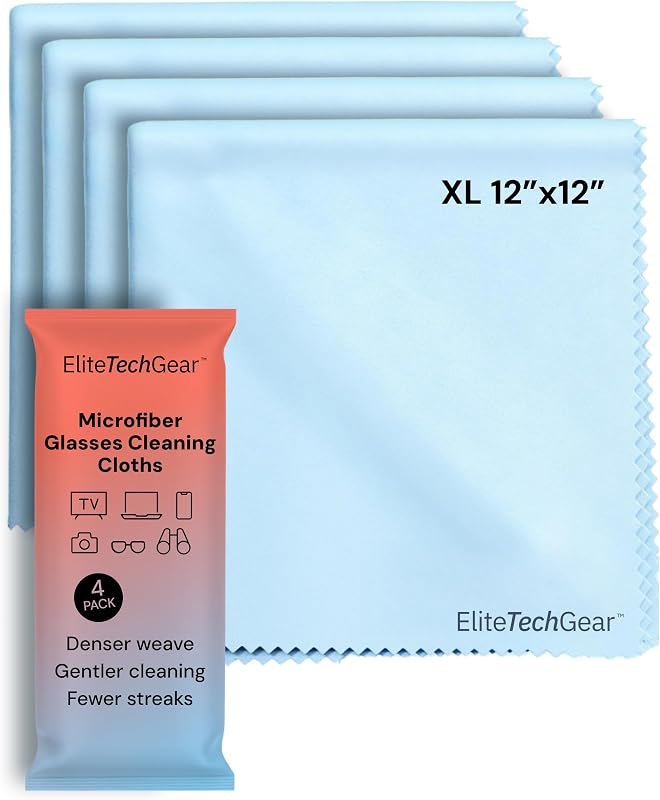 Elite Tech Gear Microfiber Cleaning Cloths for Glasses & Screens, 4-Pack