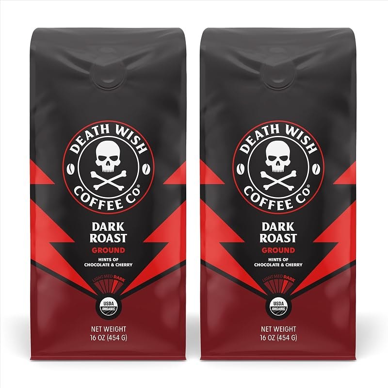 Death Wish Coffee Organic Dark Roast Ground Coffee, 16 oz (2 Pack)