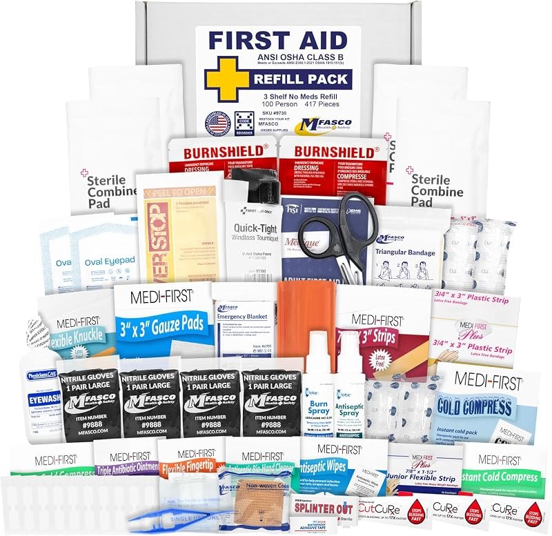 MFASCO First Aid Kit Refill Pack Workplace ANSI/OSHA 2021 Class B 417 Piece — first aid kit refill replacement for