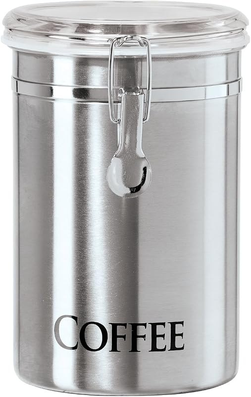 Oggi Stainless Steel Coffee Canister 62 fl oz - Airtight Clamp Lid, Clear See-Thru Top - Ideal for Coffee Bean