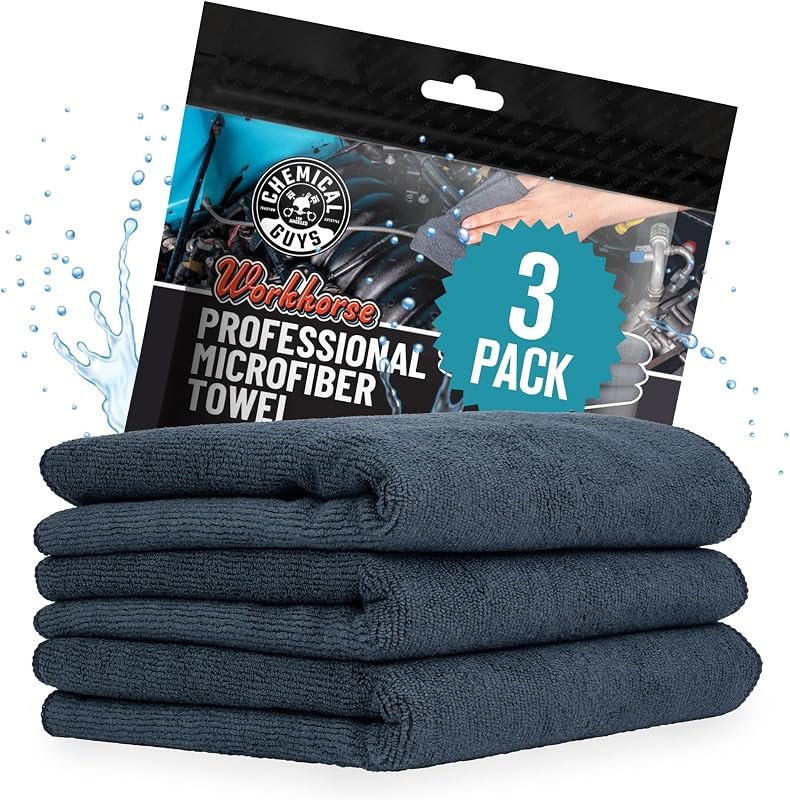 Chemical Guys, Workhorse Plush Microfiber Towels, 16 x 16 in, Black, 3 Pack — microfiber cleaning cloth heavy duty for