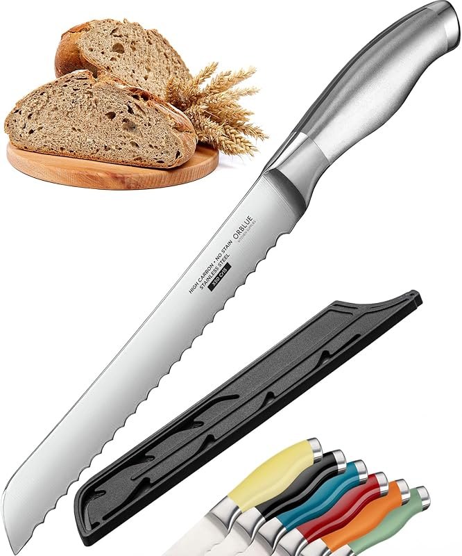 Orblue Serrated Bread Knife with Upgraded Stainless Steel Razor Sharp Wavy Edge - Bread Cutter Ideal for Slicing