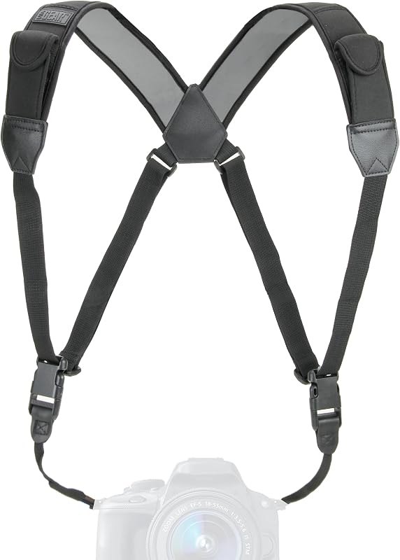 USA Gear DSLR Camera Strap Chest Harness with Quick Release Buckles, Black Neoprene Pattern and Accessory Pockets -