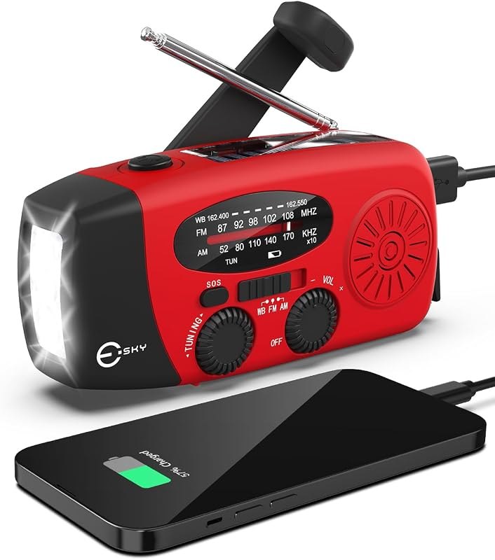 Esky Emergency Hand Crank Radio 7400mWh with 3 LED Flashlight, AM/FM/NOAA Portable Weather Radio with Built-in 2000mAh
