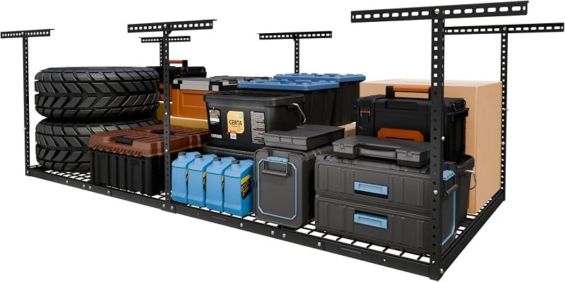 FLEXIMOUNTS 4x8 Overhead Garage Ceiling Storage Rack Organization, Black
