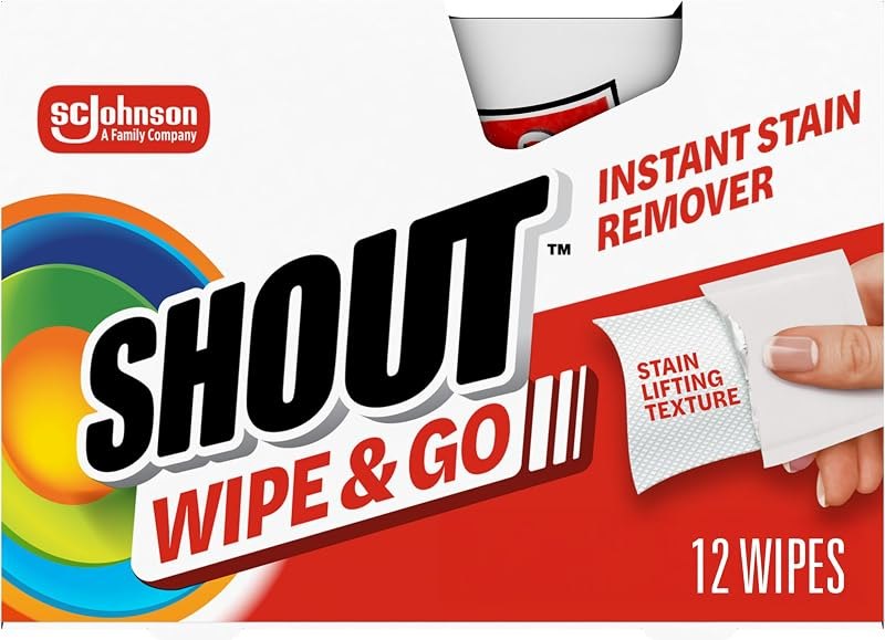 Shout Wipes, Wipe and Go Instant Stain Remover, Laundry Stain and Spot Remover for On-the-Go, 12 Wipes per Carton -