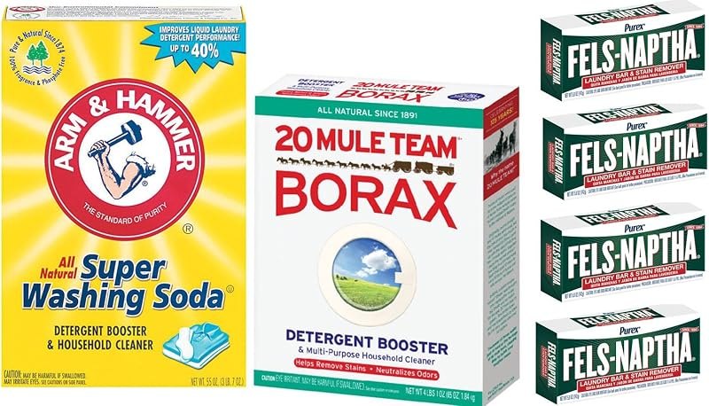 Laundry Soap Kit - Fels Naptha 4 bars, 20 Mule Team Borax Natural Laundry Booster, & Arm & Hammer Super Washing Soda —