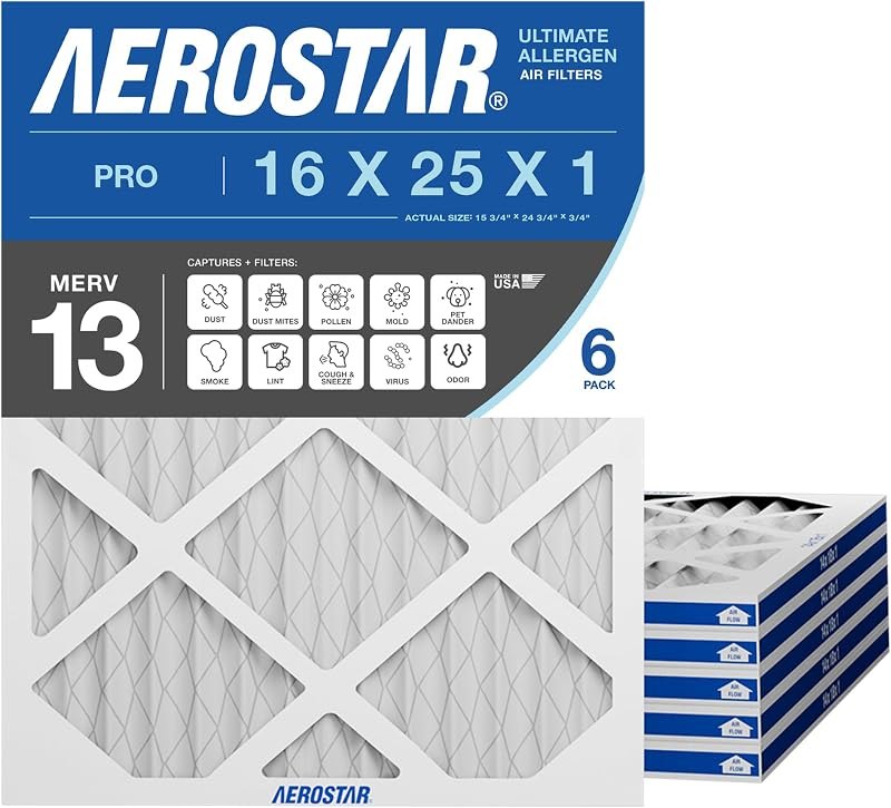 Aerostar Air Filter 16x25x1 MERV 13 AC Filter, HVAC, Furnace Filter, 6 Pack — merv 13 filter 16x25x1 for merv 13