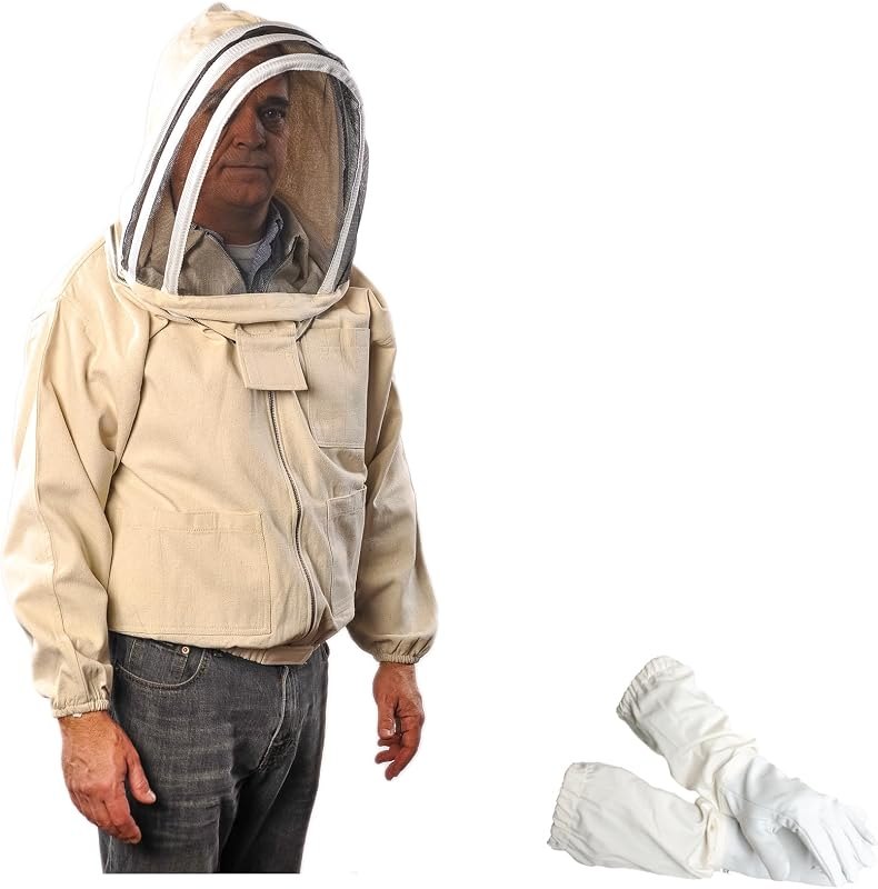 Natural Canvas Bee Jacket with Fencing Veil Hood & Gloves — beekeeper jacket for bee suit with veil durable heavy duty