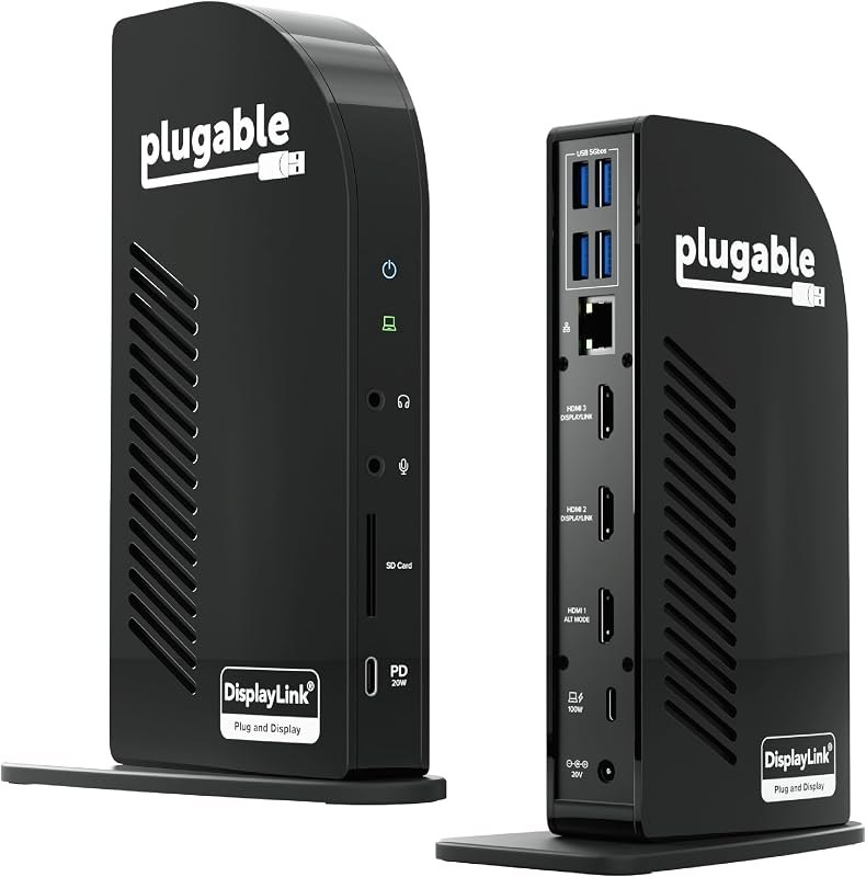 Plugable USB-C Triple Monitor Docking Station: 13-in-1 Laptop Dock with 100W Charging for Mac (DisplayLink Driver