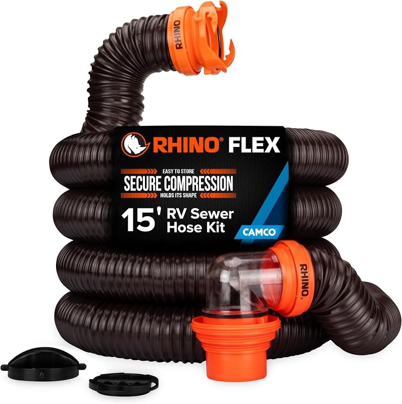 Camco RhinoFLEX 15 Ft Complete RV Sewer Hose Kit, Swivel Bayonet Fittings