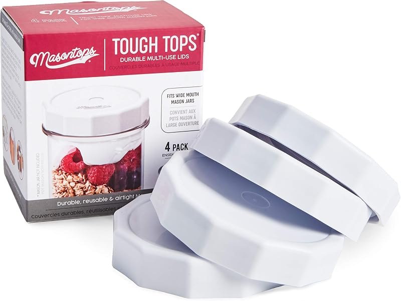 Masontops Tough Tops - Ball Wide Mouth Mason Jar Lids Plastic Leakproof - BPA-Free White Plastic Mason Jar Lids -