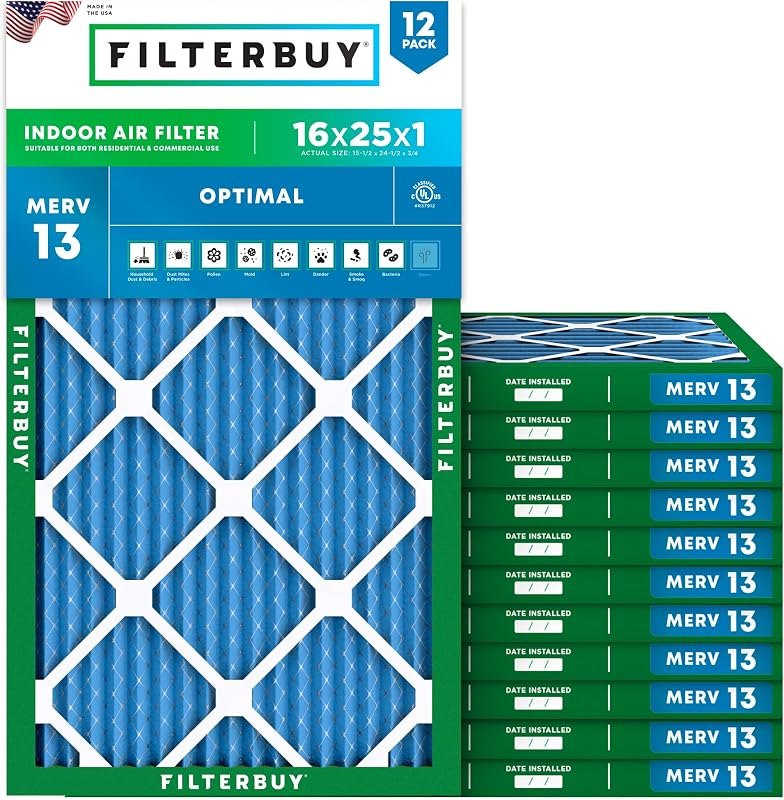 Filterbuy 16x25x1 Air Filter MERV 13 Smoke & Allergy Defense (12-Pack) — merv 13 filter 16x25x1 replacement for merv