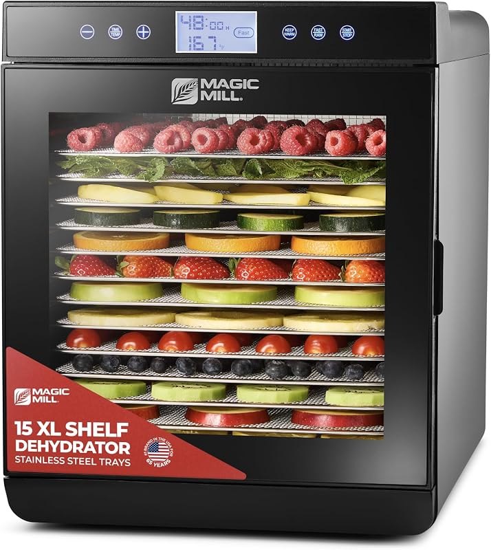 Magic Mill Premium Food Dehydrator Machine (15 Extra-Large Stainless Steel Trays) 800W Dryer for Beef Jerky, Fruits