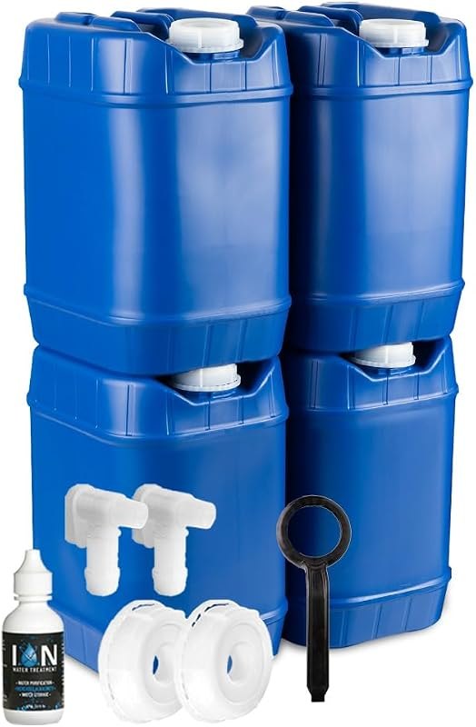 5-Gallon Stackable Water Storage Containers with Lids, Emergency Water Storage Kit Including Spigots, Wrench, and