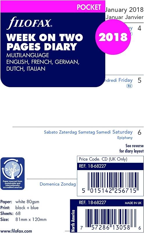 Filofax 2018 Pocket Week to View Refill, Jan 2018- Dec 2018, 4.75 x 3.25 inches (C68227-18) — Amazon Services refill