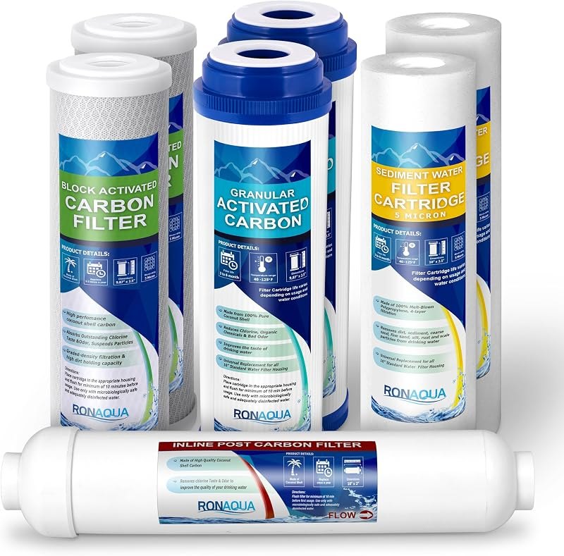 Filter Replacement Set for 5-Stage Reverse Osmosis Water Filtration System (2 Sediments, 2 Carbons, 2 GAKs, 1 Inline
