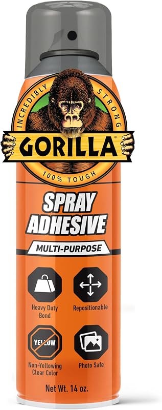 Gorilla Heavy Duty Spray Adhesive, Multi Purpose & Repositionable, Clear, 14 oz (Pack of 1) Bonds Paper, Cardboard
