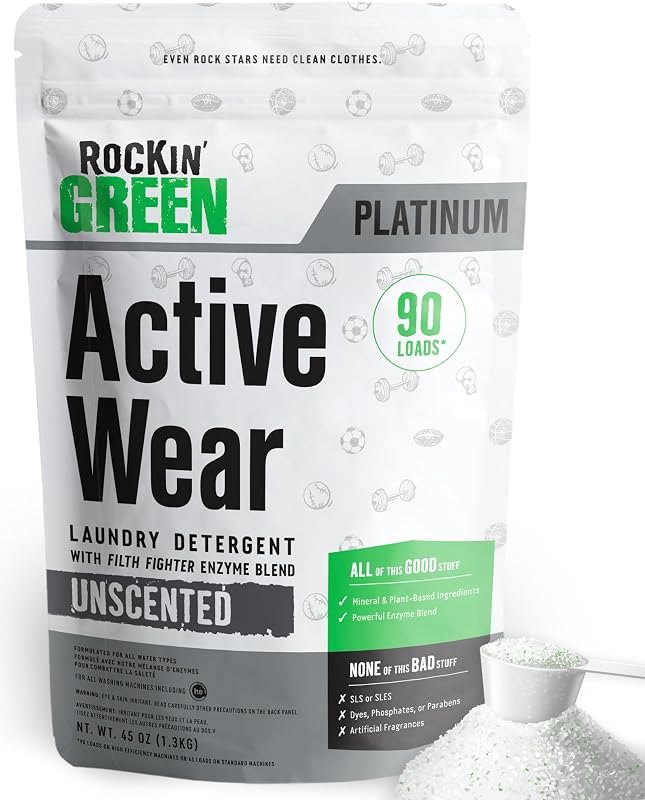 Rockin' Green Active Wear Laundry Detergent Powder & Odor Eliminator for Sportswear & Workout Clothes, Plant-Based
