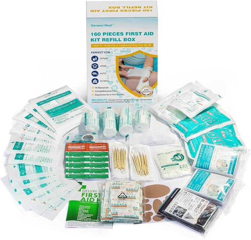 General Medi 160 Piece First Aid Kit Bag Refill Kit - Includes Instant Cold Pack, Bandages,Emergency Blanket, Moleskin
