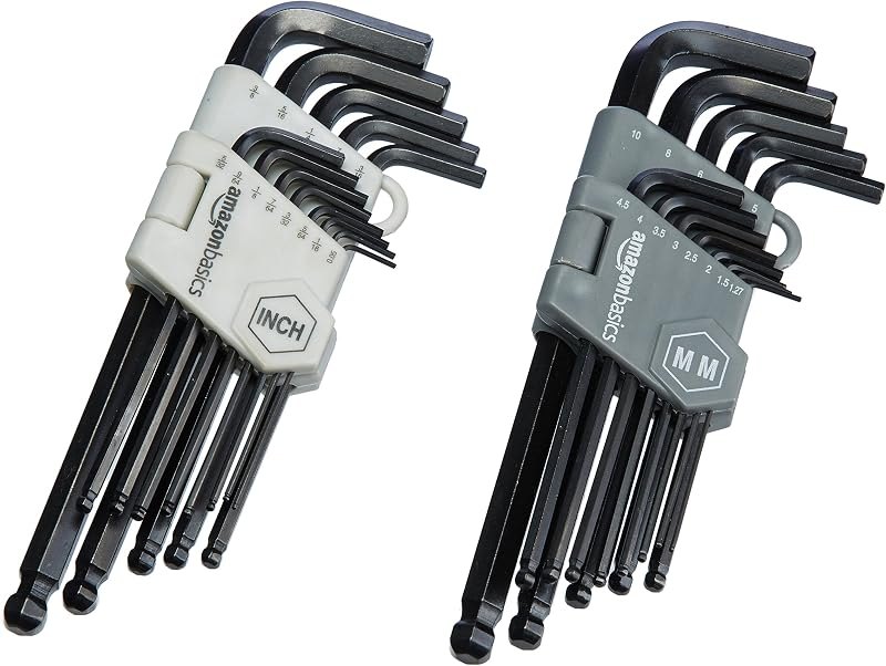 Amazon Basics Hex Key Allen Wrench, Long Arm, Ball End, Metric and Standard Sizes, Chrome Vanadium Steel, 26-Piece