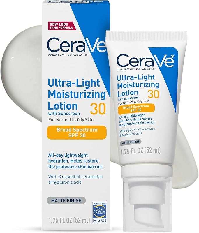 CeraVe Ultra-Light Moisturizing Lotion SPF 30, Sunscreen for Face, 1.7oz — non comedogenic moisturizer no leak for non