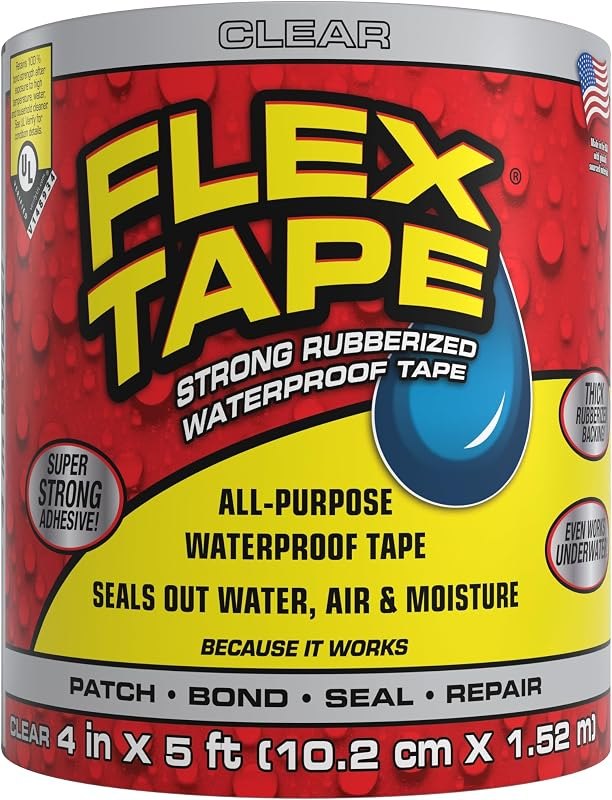 Flex Tape Strong Rubberized Waterproof Tape, Clear, 4 in x 5 ft, 1-Pack — pipe leak tape heavy duty for pipe leak tape