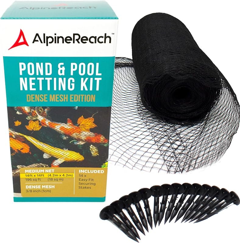 AlpineReach Koi Pond Netting Kit 14 x 14 ft Black Heavy Duty Woven Fine Mesh Net Cover for Leaves - Protects Koi Fish