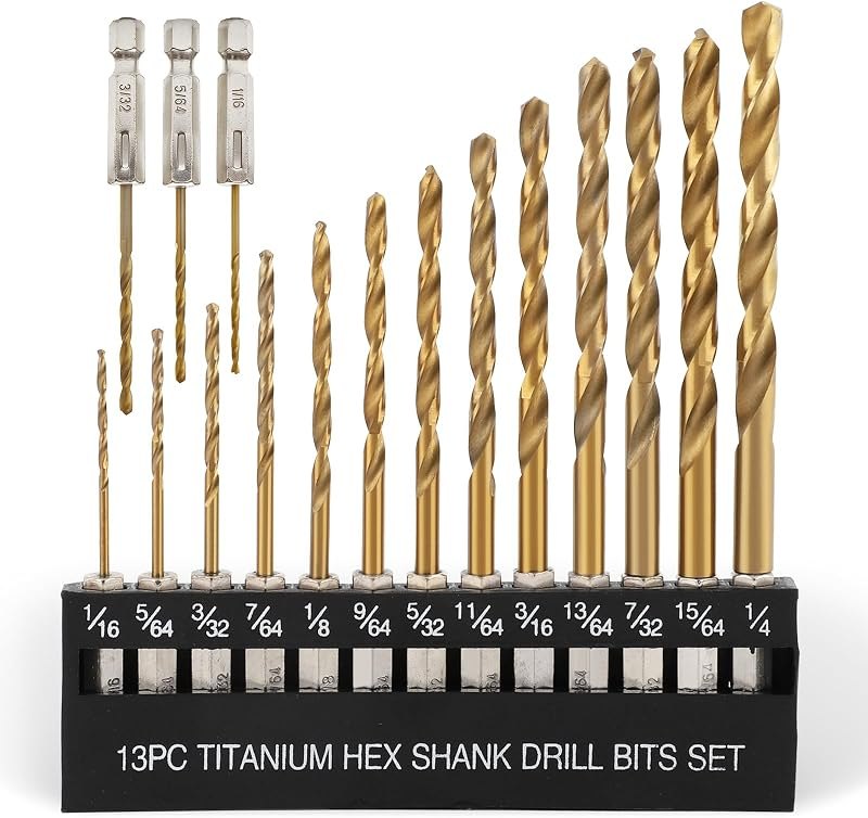 COMOWARE Titanium Twist Drill Bit Set 16 Pcs, 1/16"-1/4, Hex Shank HSS — bits for best home tool kit under 40