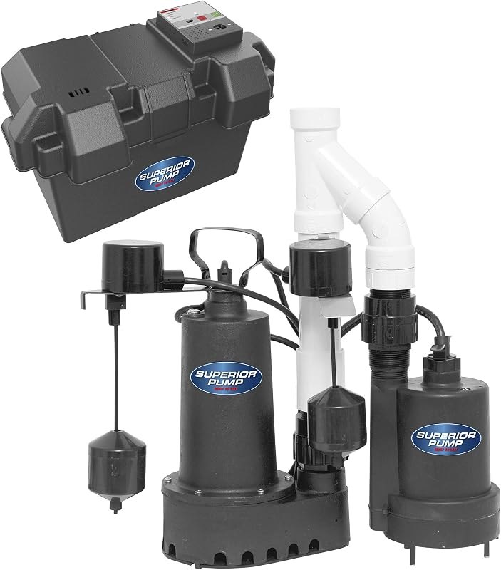 Superior Pump 92911 Backup Cast Iron Primary Sump Pump and Backup Pump Kit, 1/2 HP, Black — sump pump backup kit for