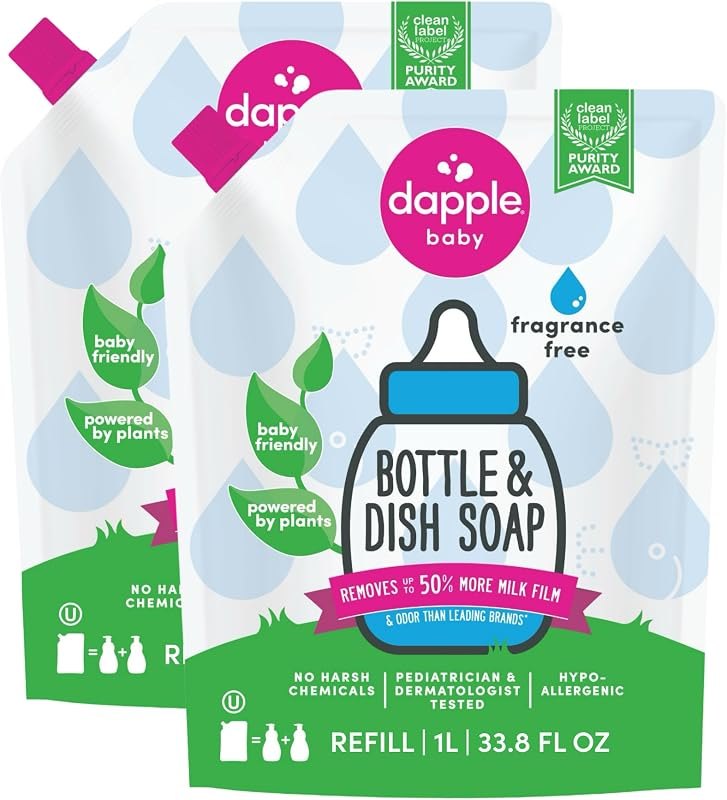 Dapple Baby Fragrance-Free Bottle & Dish Soap Refill Pouch - (2 Pack) 33.8 fl oz - Plant-Powered Cleaner for Baby