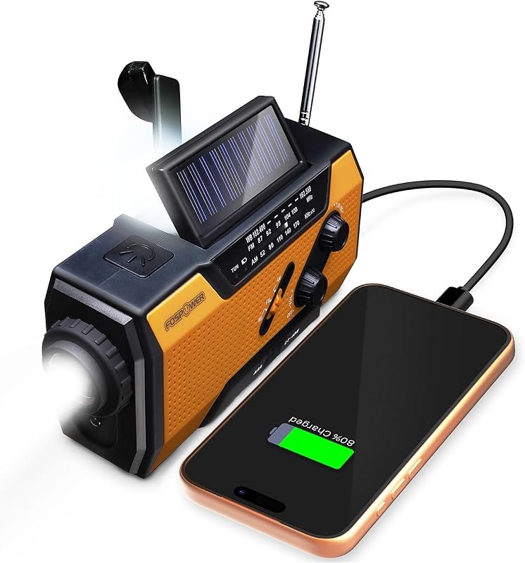 FosPower NOAA Emergency Weather Radio A1 7400mWh Solar Hand Crank (Orange) — emergency crank radio for emergency crank
