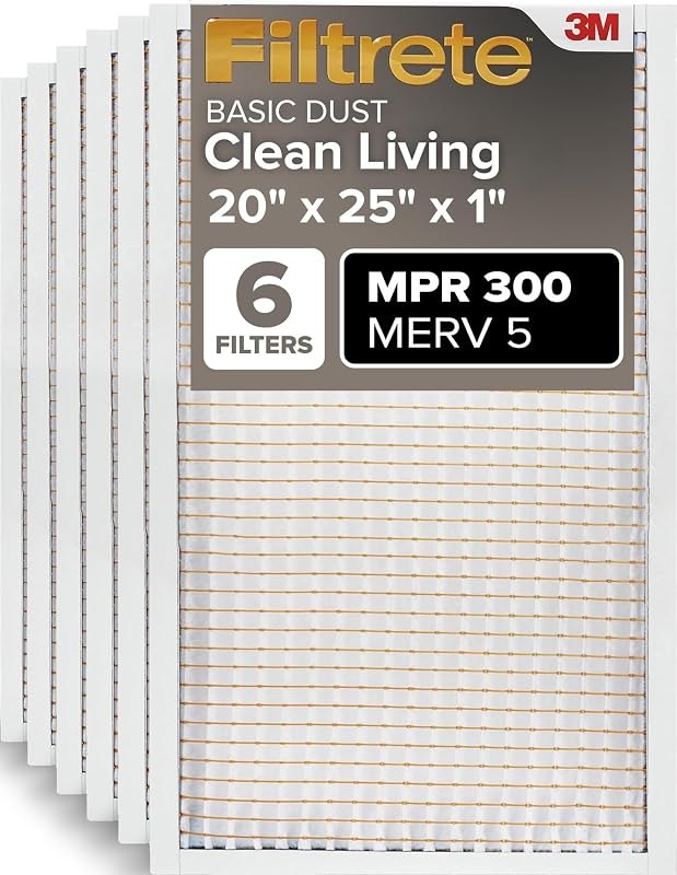 Filtrete 20x25x1 Air Filter MERV 5, 6-Pack AC Furnace HVAC Filters for Home, MPR 300 Basic Dust Defense, Pleated