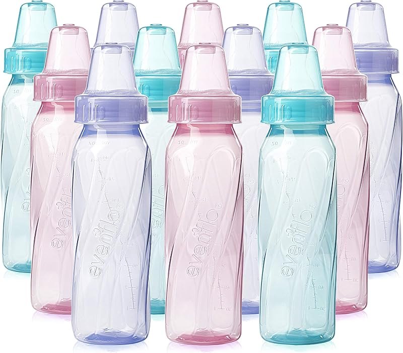 Feeding Classic Tinted Plastic Standard Neck Bottles for Baby, Infant and Newborn, Pink/Lavender/Teal, 8 Oz, 12