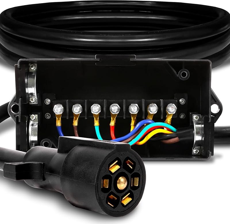 True Mods 8ft 7-Way Trailer Plug Adapter Cord Wiring Harness Kit with 7-Pin Stud Junction Box [Brake & Light Control]